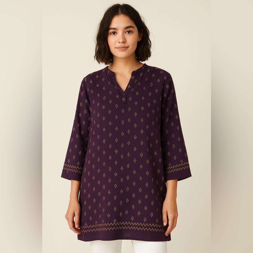 🪷 Darjeeling‎ Boho Embroidered Tunic Blouse Purple Gold Sz 40 🪷